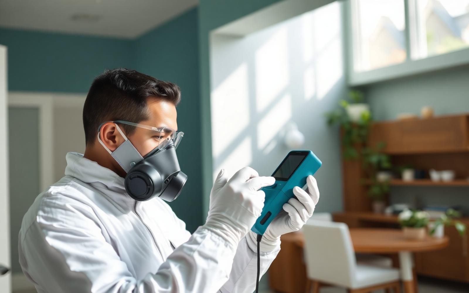 Certified Drycor Restore inspector performing air quality testing in a Thonotosassa home